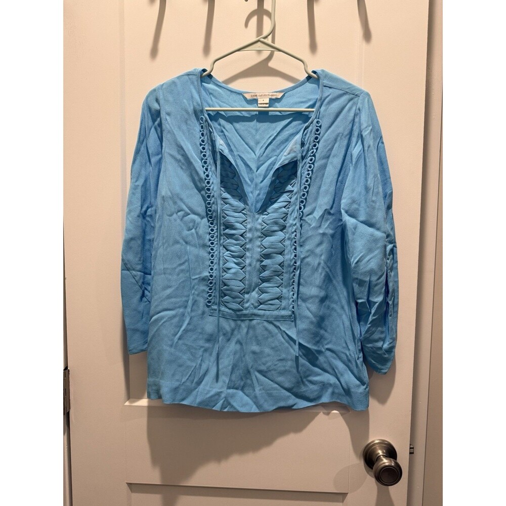 Diane Von Furstenberg DVF Blue Silk Blend Blouse Womens S Pleated Tie Neck Top 6